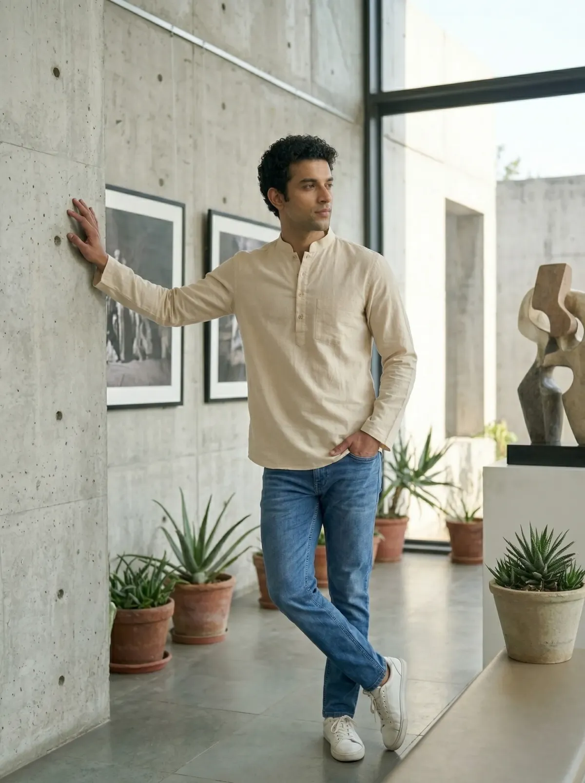 Mens Beige Khadi Pure Cotton Kurta